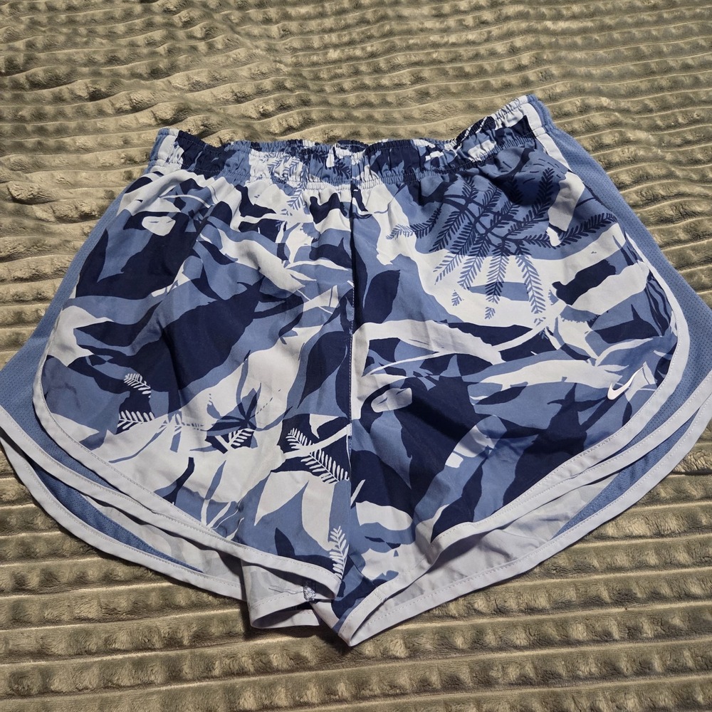 Nike Dri-FIT Tempo Running Shorts L Blue Camo Tropical Palm Moisture Wicking